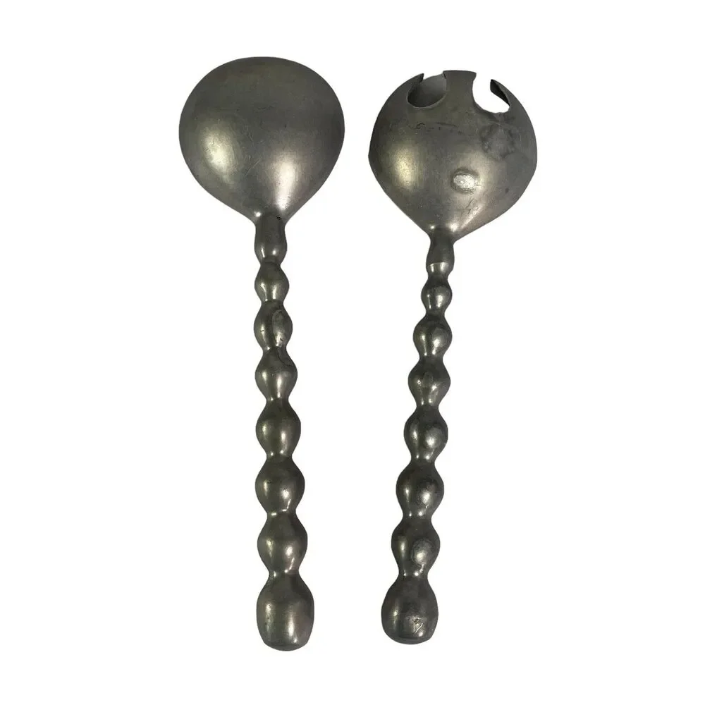 Retro Metal Pewter Salad Servers Serving Utensils Set MCM Rustic Grey Gray